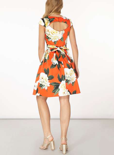 Orange Floral Print Fit & Flare Dress